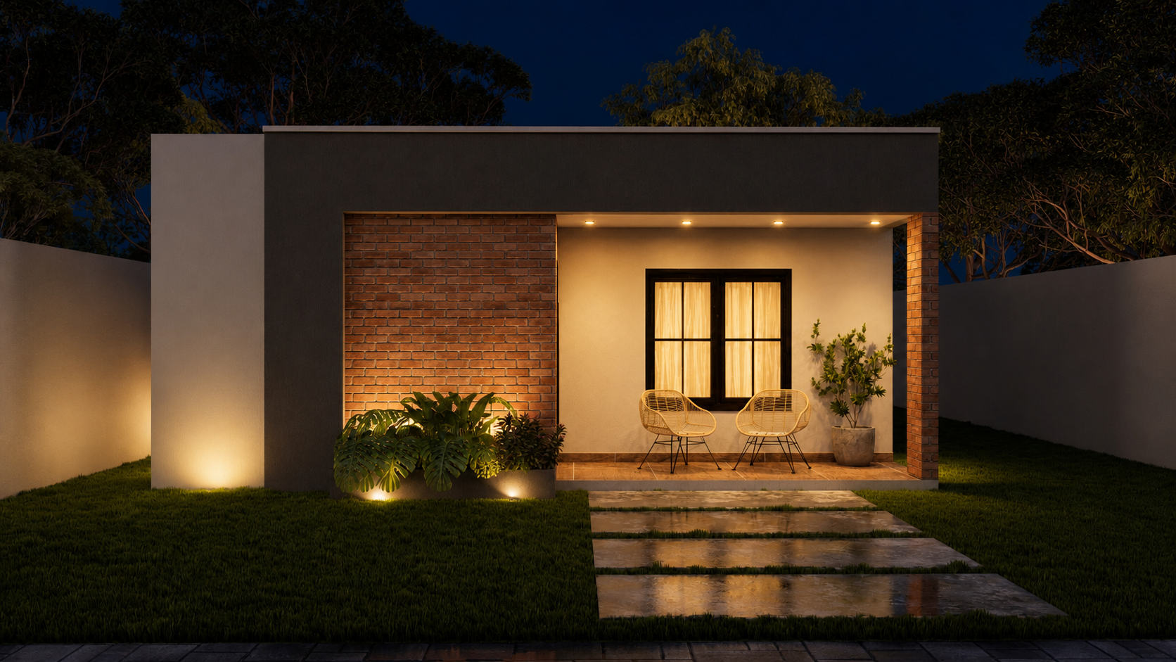 Render de la fachada nocturna del modelo Alba 64