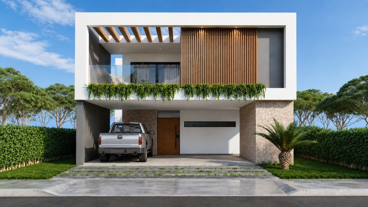 Render de la fachada principal de Residencia Prisma en versión día