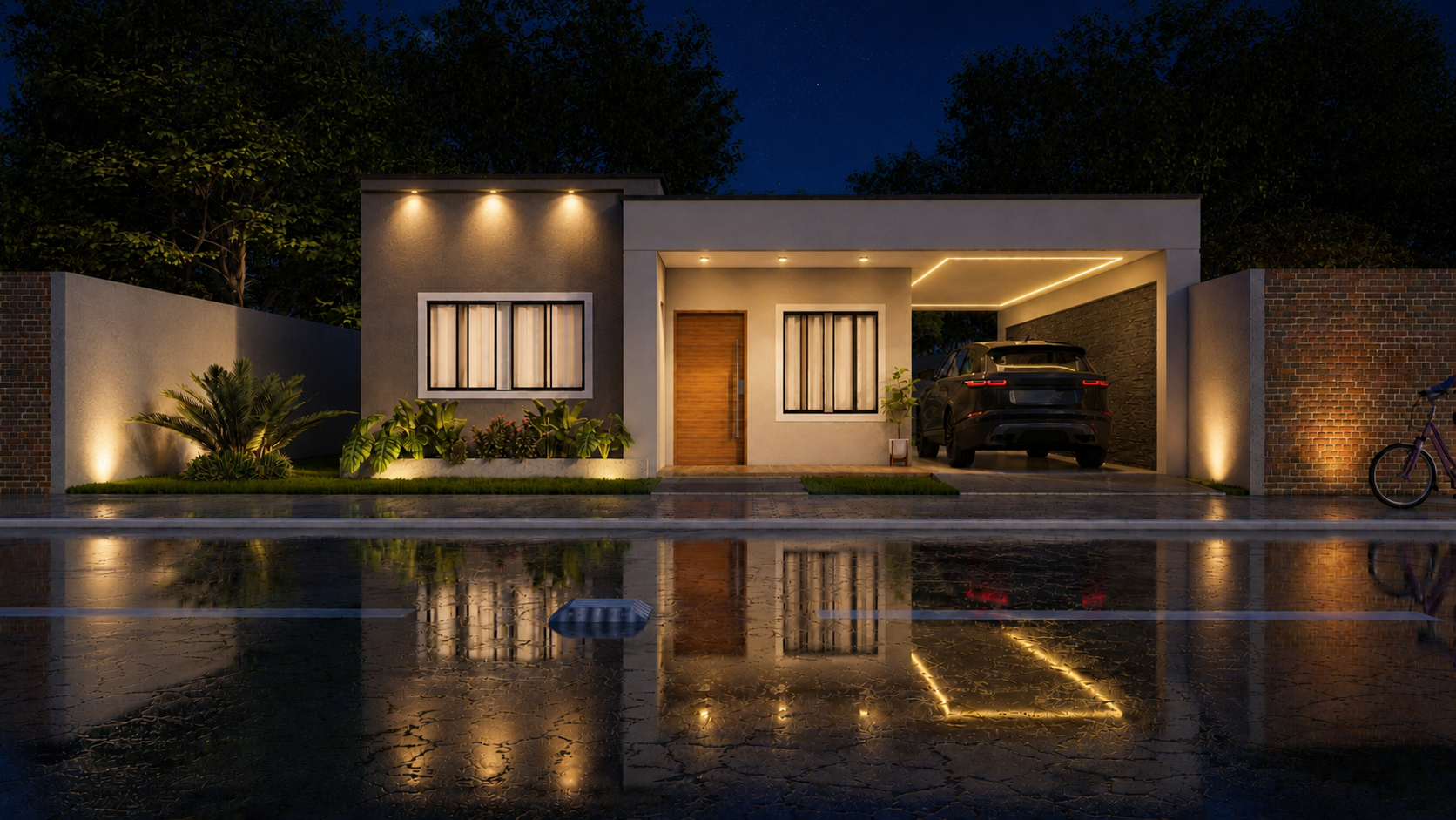 Render de la fachada nocturna del modelo Terra 120