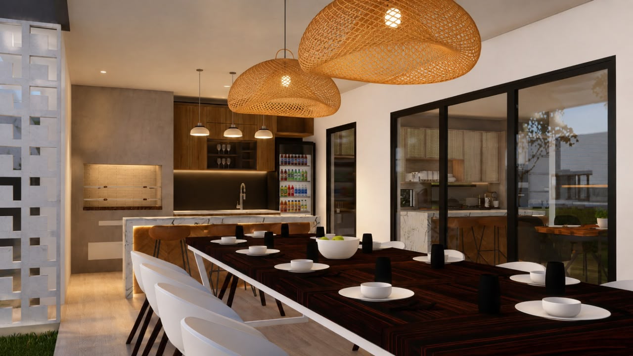 Render interior del área social, quincho y comedor de Residencia Prisma