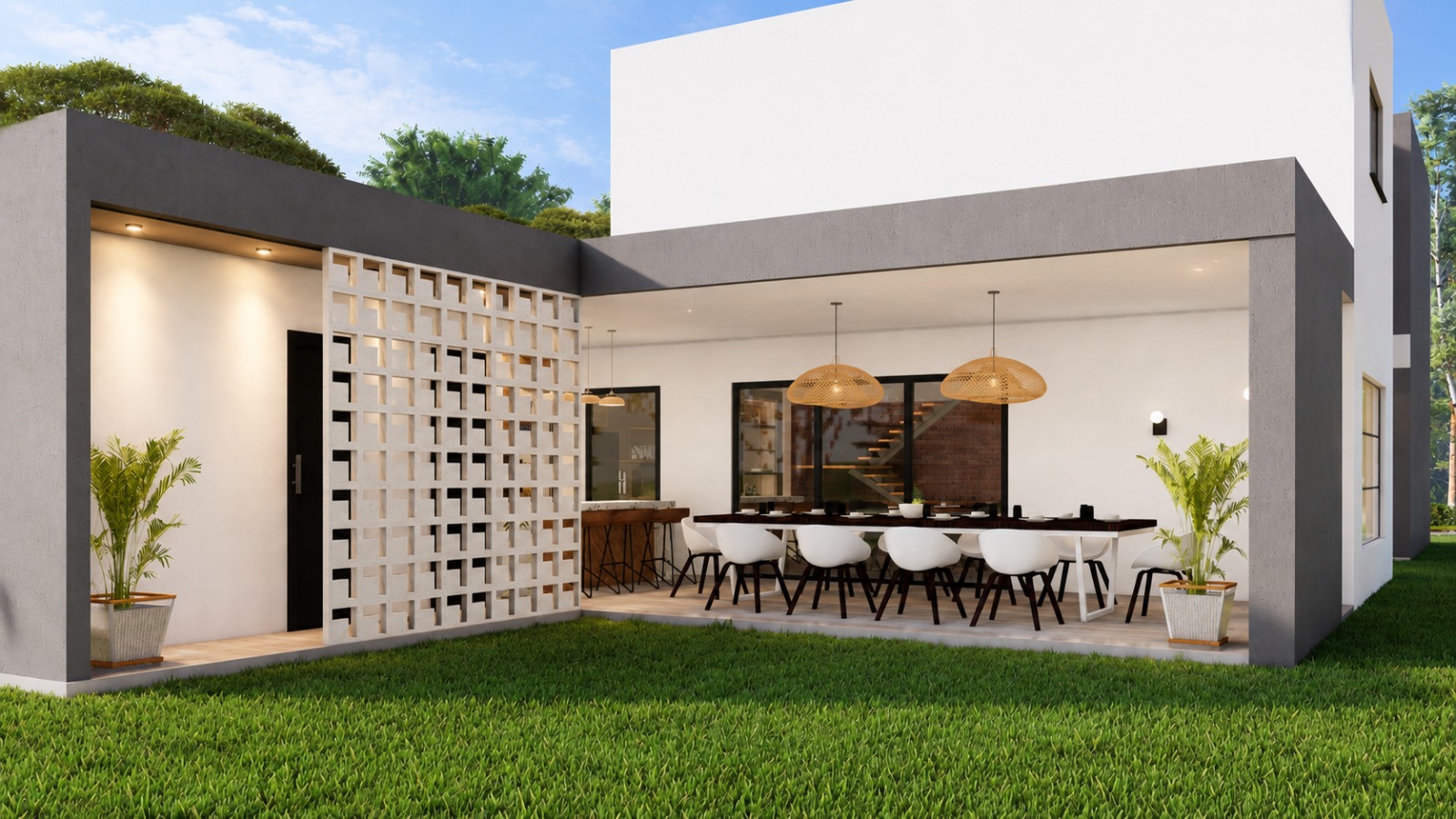 Render de la galería y el quincho exterior de Residencia Prisma