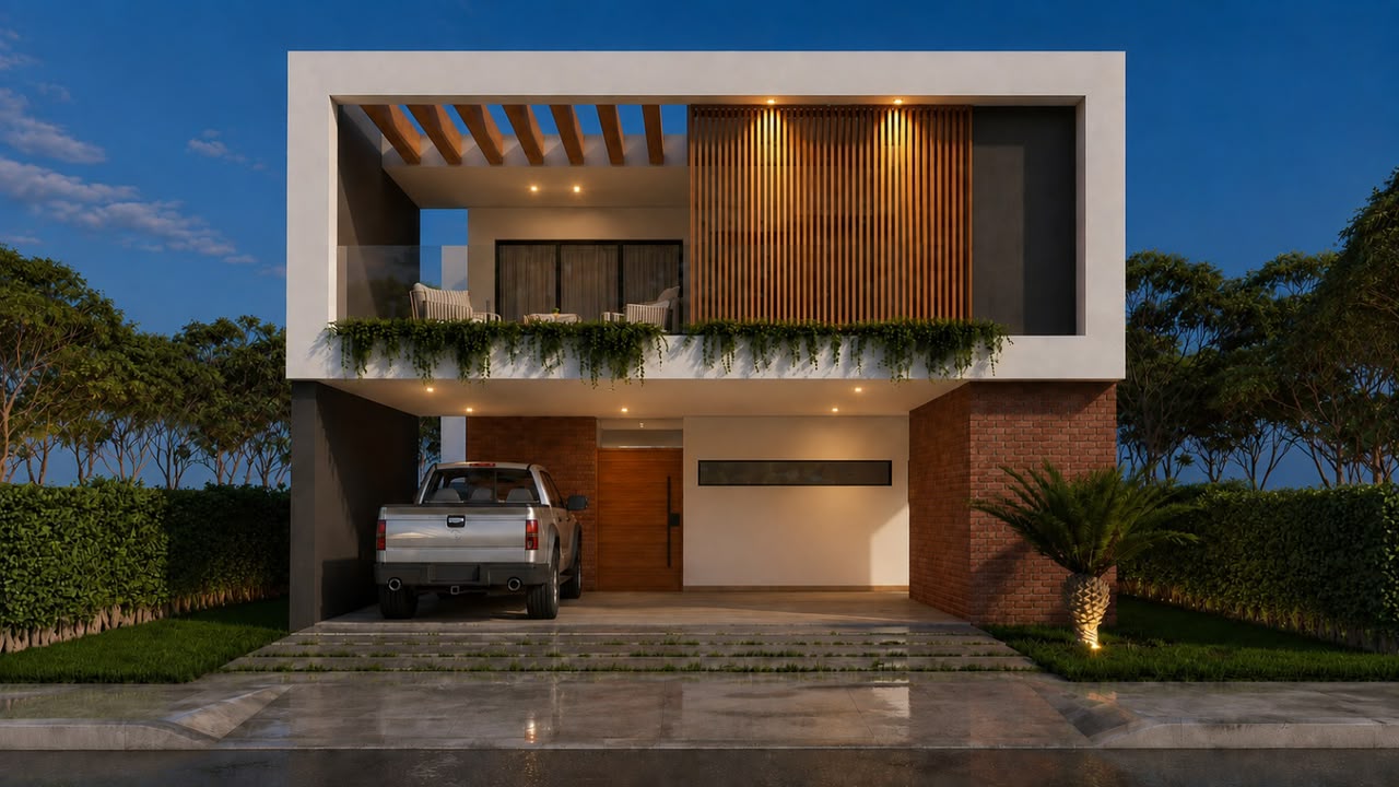 Render de la fachada principal de Residencia Prisma en versión nocturna