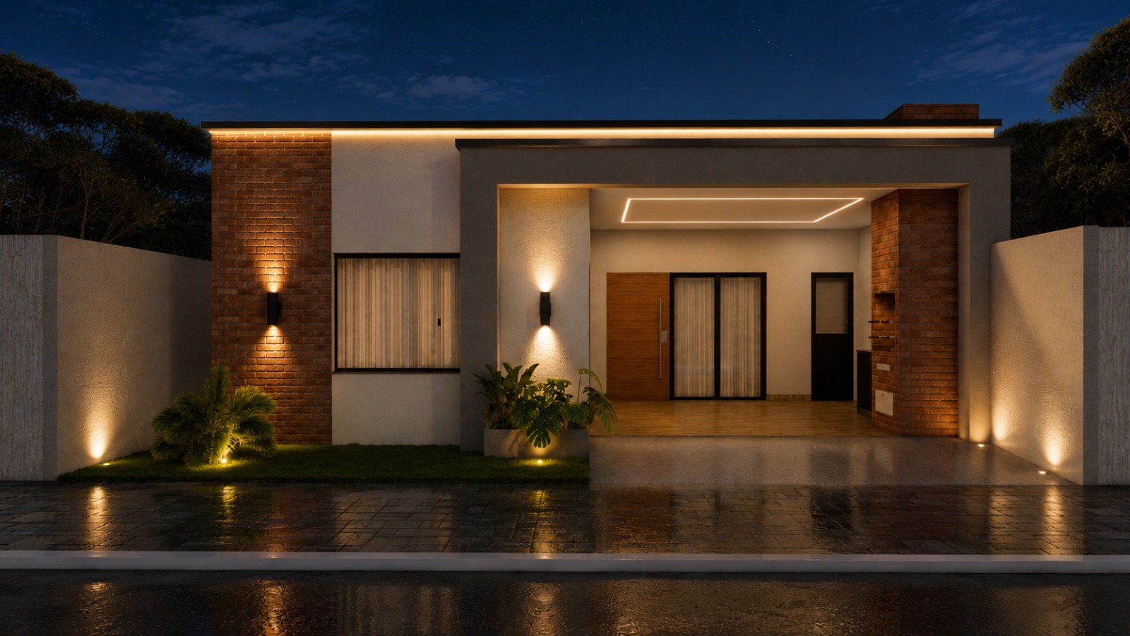 Render de la fachada nocturna del modelo Nativa 140