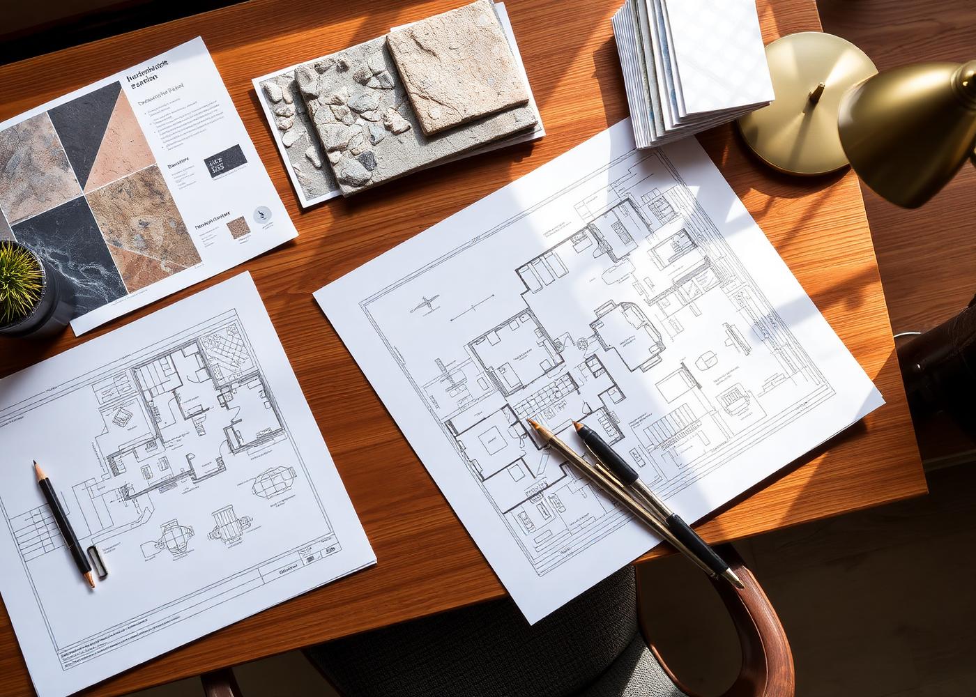 Planos arquitectónicos y muestras de materiales sobre un escritorio